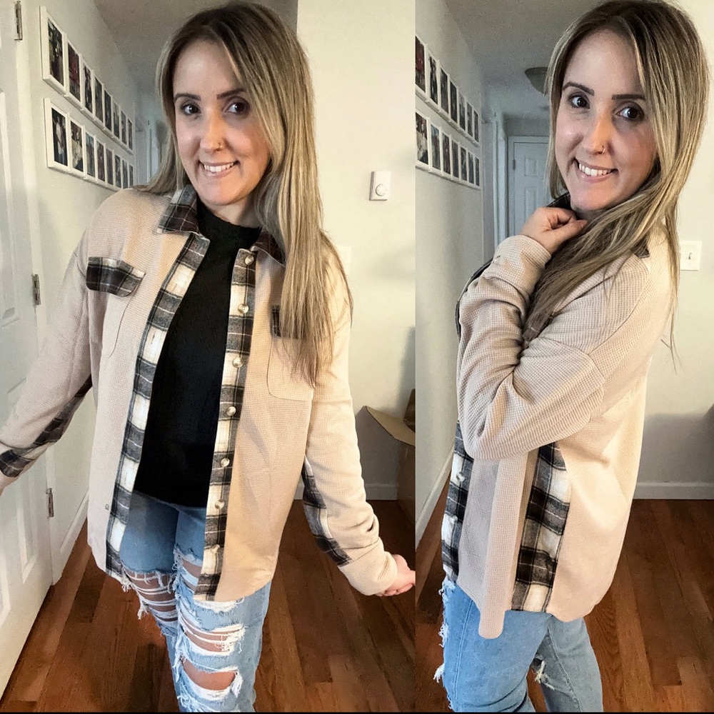 Spice Harvest Plaid Patchwork Waffle Knit Shacket